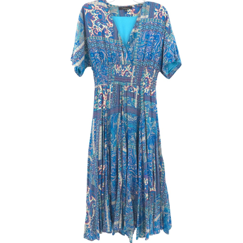 Calessa Maxi Dress Women Small Blue Paisley Patchwork Smocked Waist Boho V-Neck